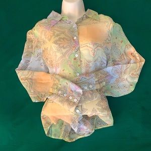 TRACY M Sheer Paisley Leaf Heart Print Silk Blouse XL NWOT